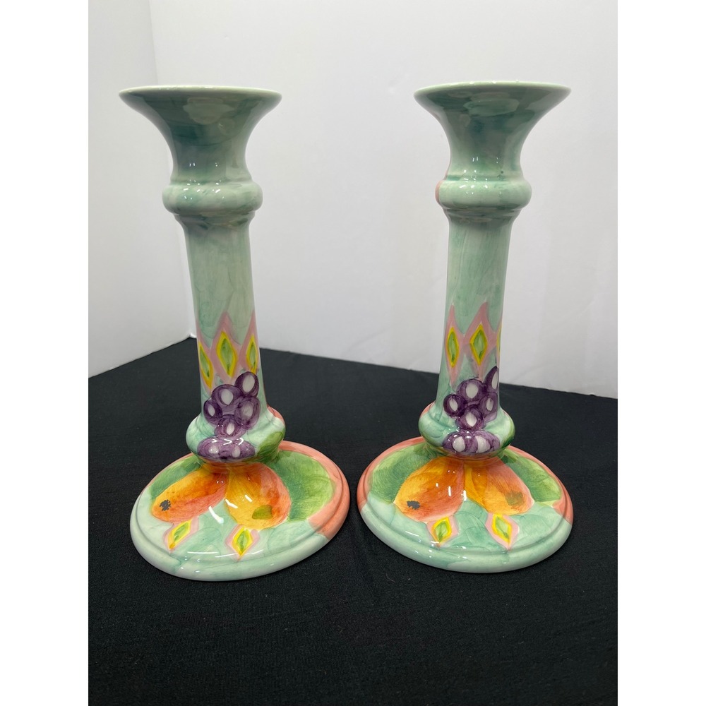 Vintage Hand Painted Italy Ceramic Candlestick Pair Fruit Grapes Citrus 9 Inch